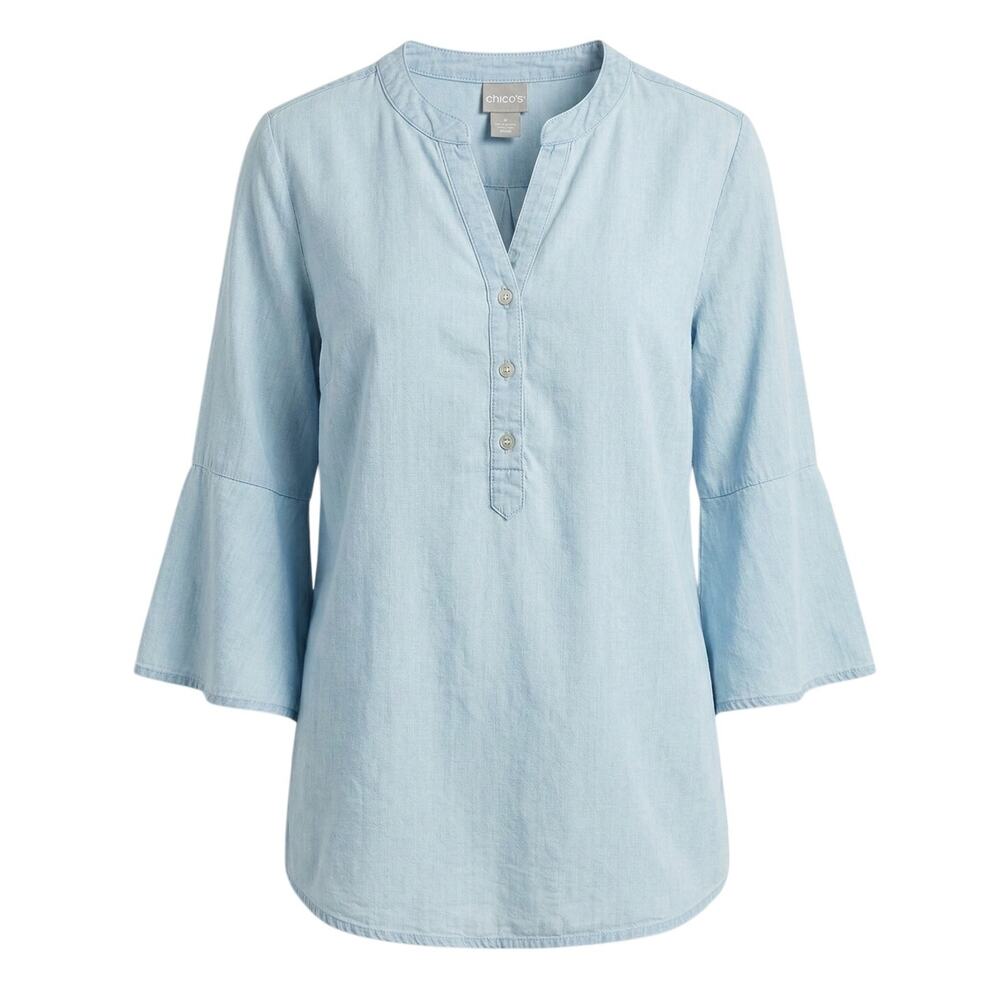 Chico's Women's L Coastal Nautical Modest Sustainable Tencel Bell Sleeve Blouse